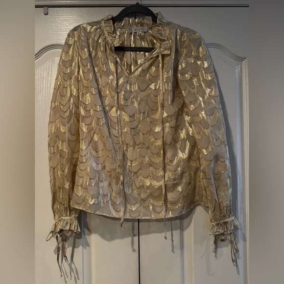 Milly Gold and Cream Silk Blend Patterned Tie Neck Blouse - Size XS - Picture 2 of 5